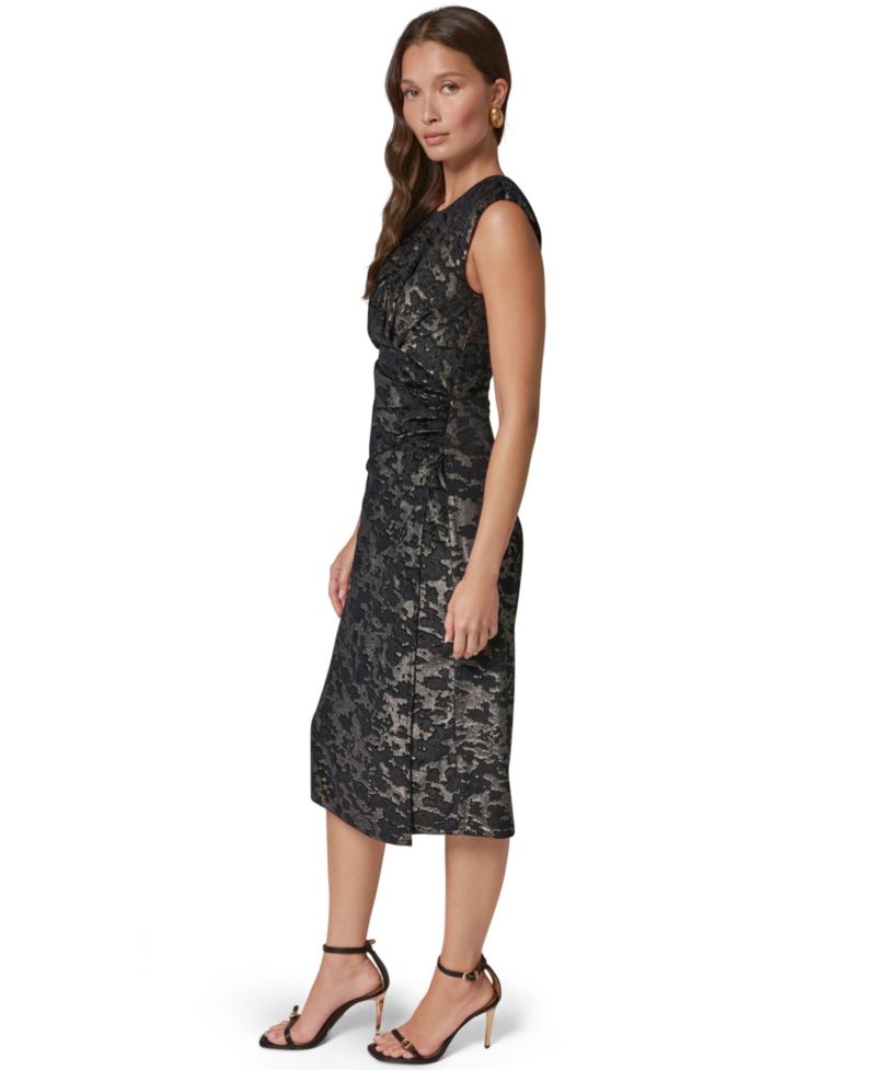 Women's Velvet Jacquard Sleeveless Ruched Midi Sheath Dress