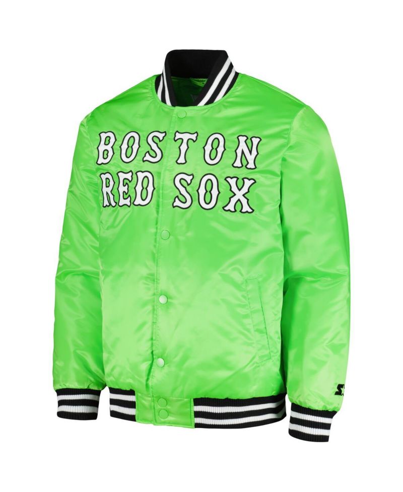 Men's Neon Green Boston Red Sox Cross Bronx Fashion Satin Full-Snap Varsity Jacket