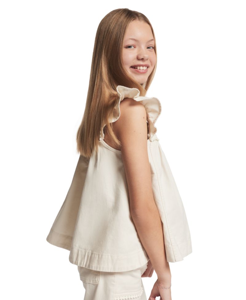 Girls' 7-16 Twill Ruffle-Sleeve Top