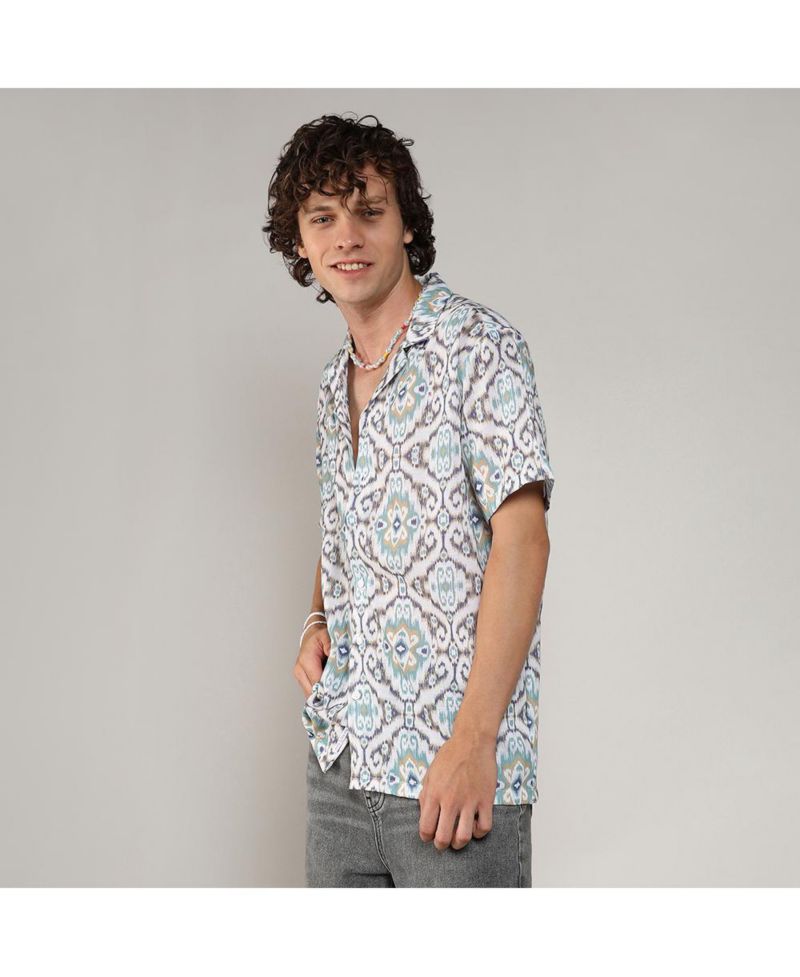 Men's Ivory White & Sage Green Ikkat Shirt