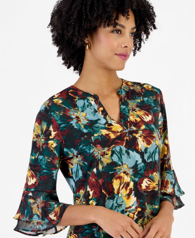 Petite Split Neck Floral-Print 3/4-Length Flutter-Sleeve Tunic