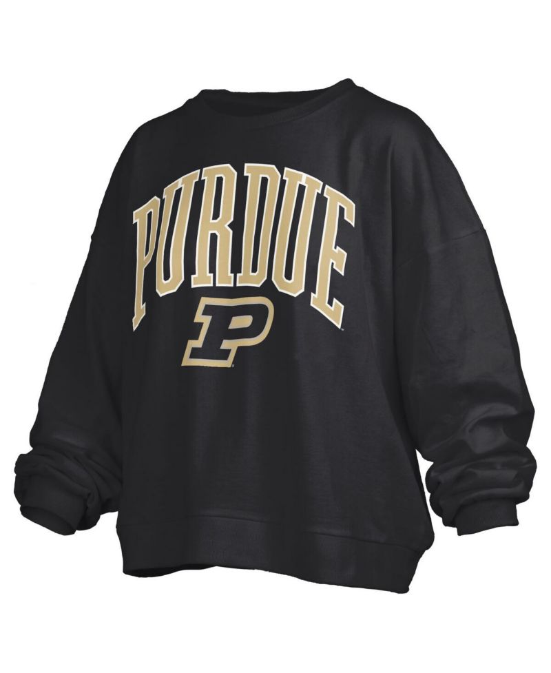Women's Black Purdue Boilermakers Janise Arch Over Logo Waist Length Oversized Pullover Sweatshirt