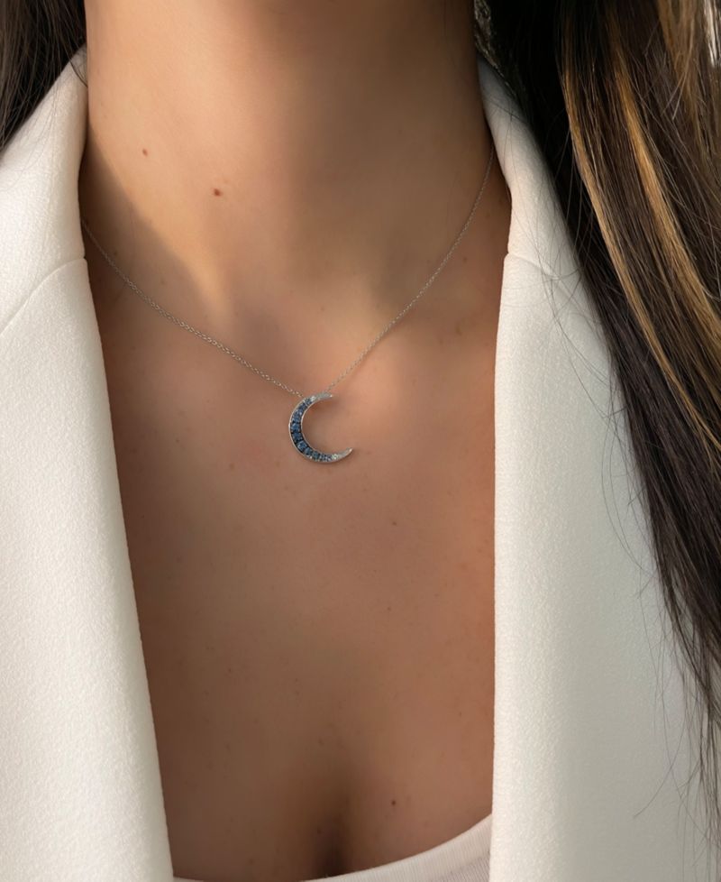 Denim Ombr&eacute; Sapphire (3/8 ct. t.w.) & White Sapphire Accent Crescent Moon 18" Pendant Necklace in 14k White Gold