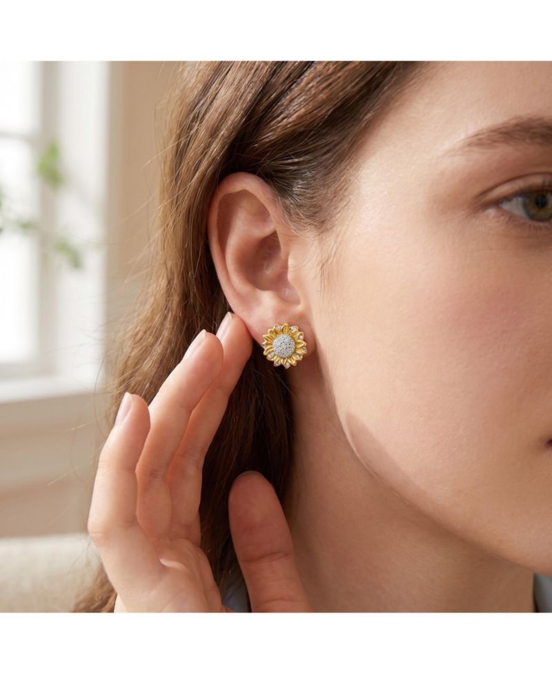 Stylish Two-Tone Cubic Zirconia Sunflower Stud Earrings