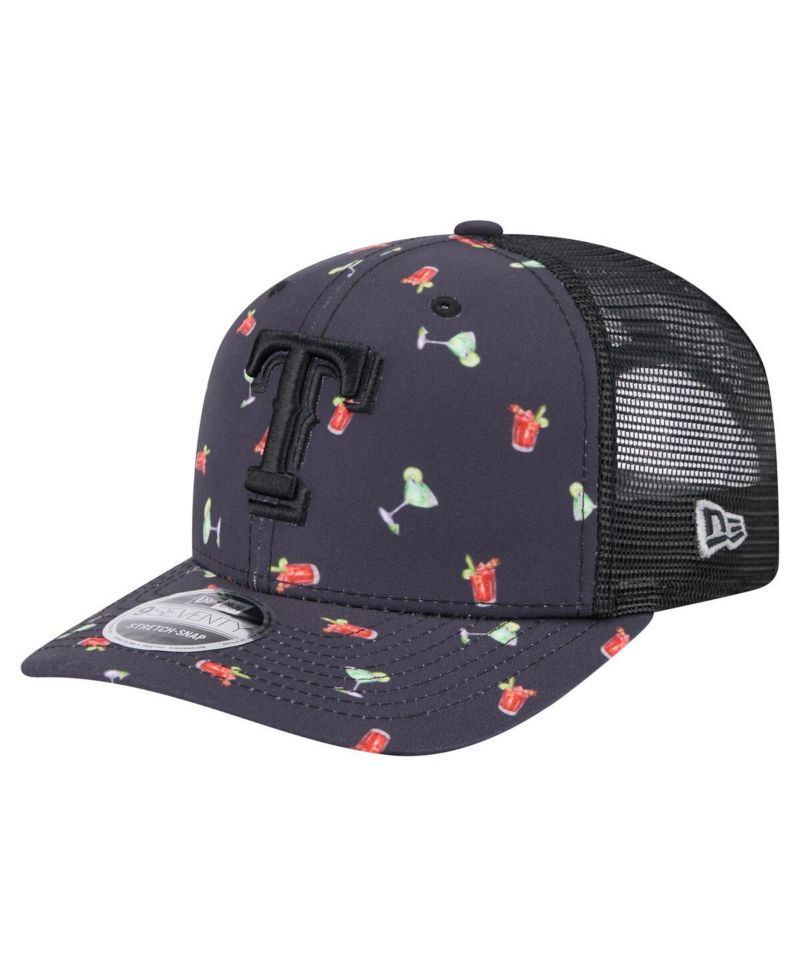 Men's Black Texas Rangers Adventure Drinks Pattern 9SEVENTY Stretch-Snap Hat
