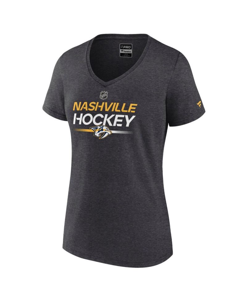 Women's Heather Charcoal Nashville Predators Authentic Pro Primary V-Neck T-Shirt