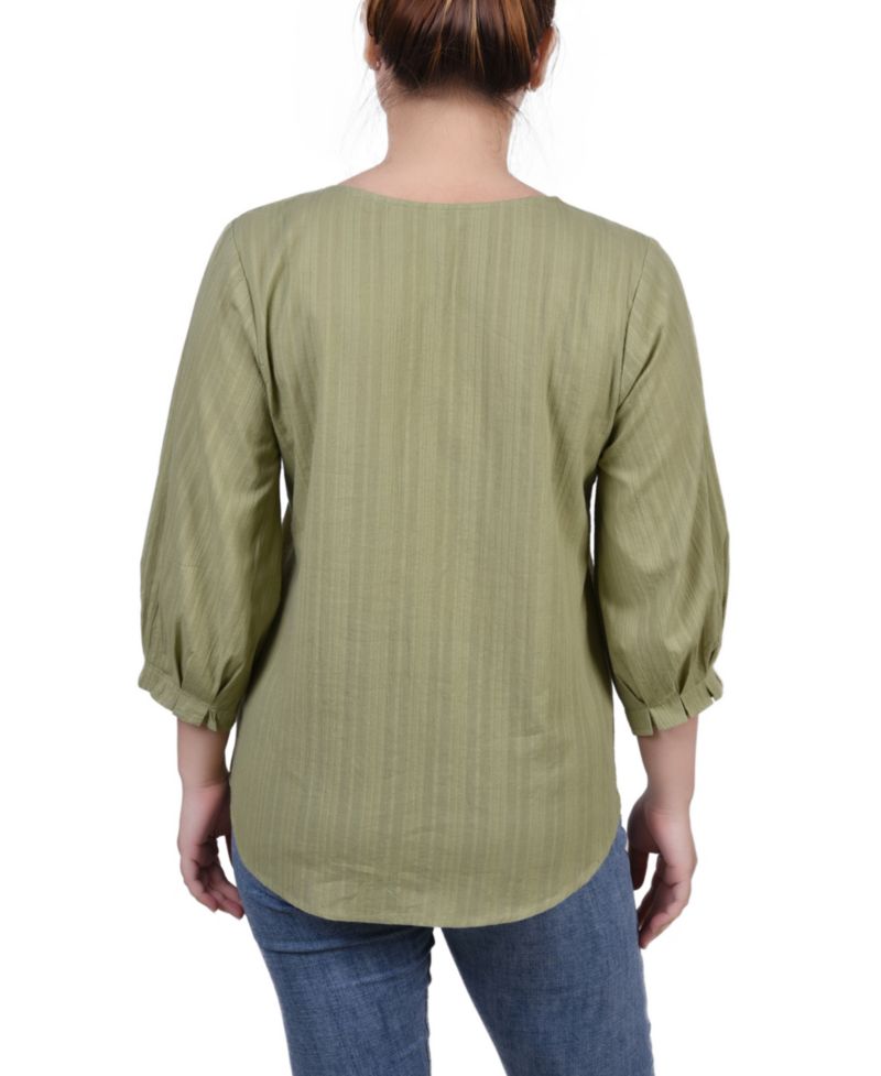 Petite Size 3/4 Sleeve Button Placket Jacquard Blouse