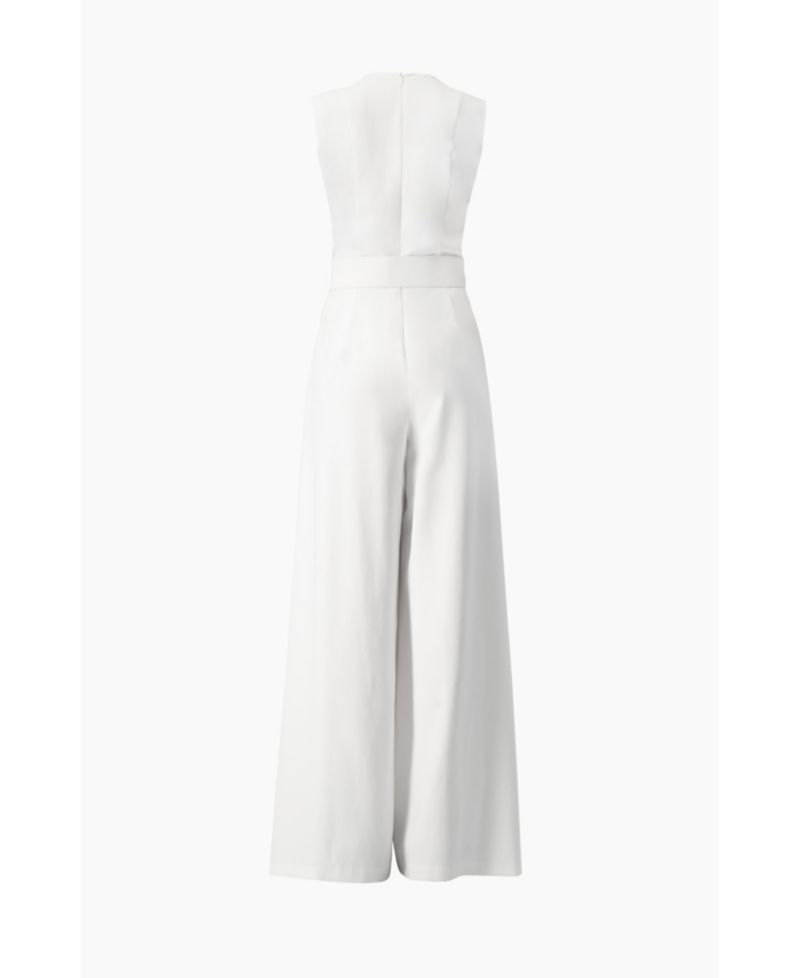 Women's Clean V-Neck Buckle-Belt Wide-Leg Tailored Jumpsuit