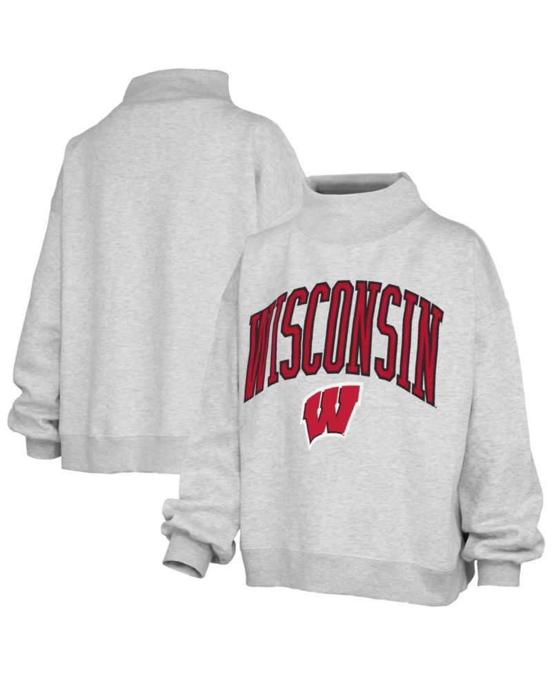 Women's Gray Wisconsin Badgers Nelson Texture Lingo Mock Neck Fleece Sweatshirt