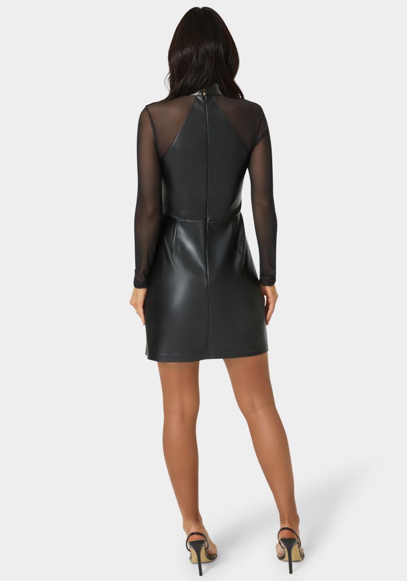 Womens Faux Leather and Mesh Mock Neck Mini Dress
