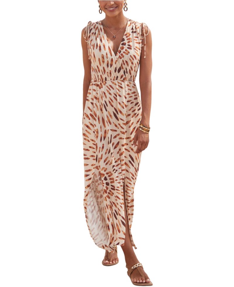 Women's Viscose Printed Tie Detail V-Neck Elastic-Waist Maxi Dress