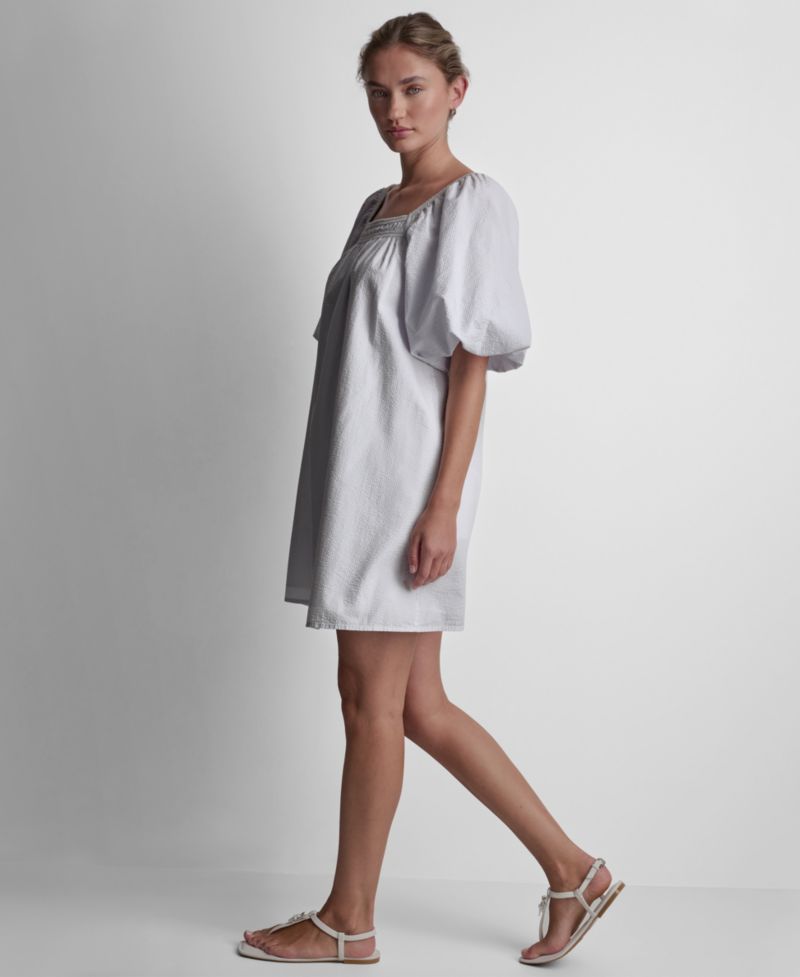 Women's Half Puff-Sleeve Seersucker Mini Dress with Square Neckline