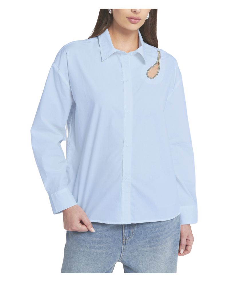 Women's Rhinestone Trim Cutout Shirt Button Down Top