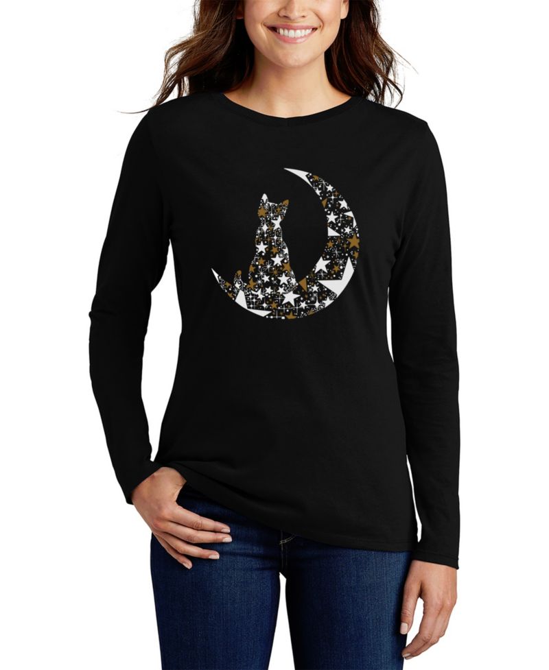 Women's Cat Sitting On Moon Word Art Long-Sleeve T-Shirt