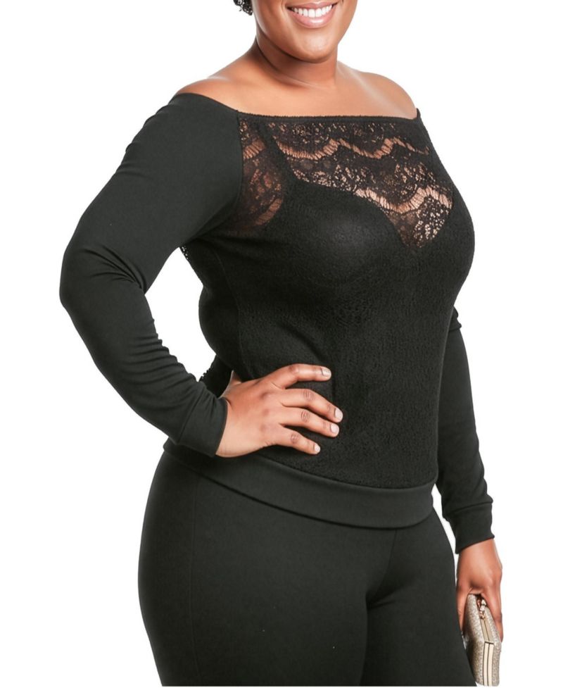 Plus Size Lace Ponte Boat Neck Blouse Tops