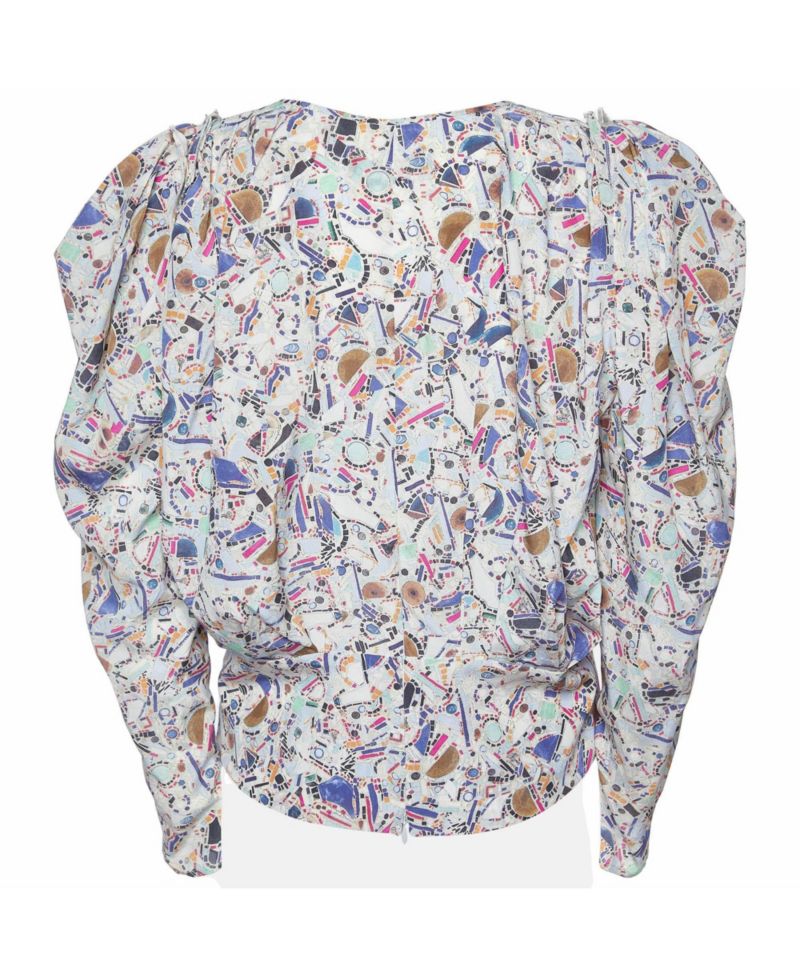 Isabel Marant Women's Amba Mosaic-Print Puffed-Long-Sleeve V-Neck Silk-Blend Blouse