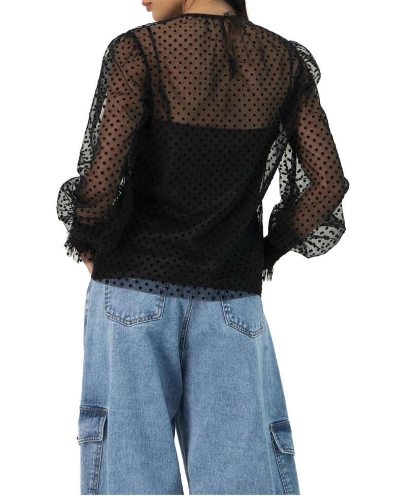 Women's See- Though Polka Dot Smock Sleeve Blouse
