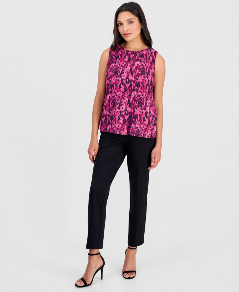 Women's Printed Crewneck Sleeveless Pleated Blouse