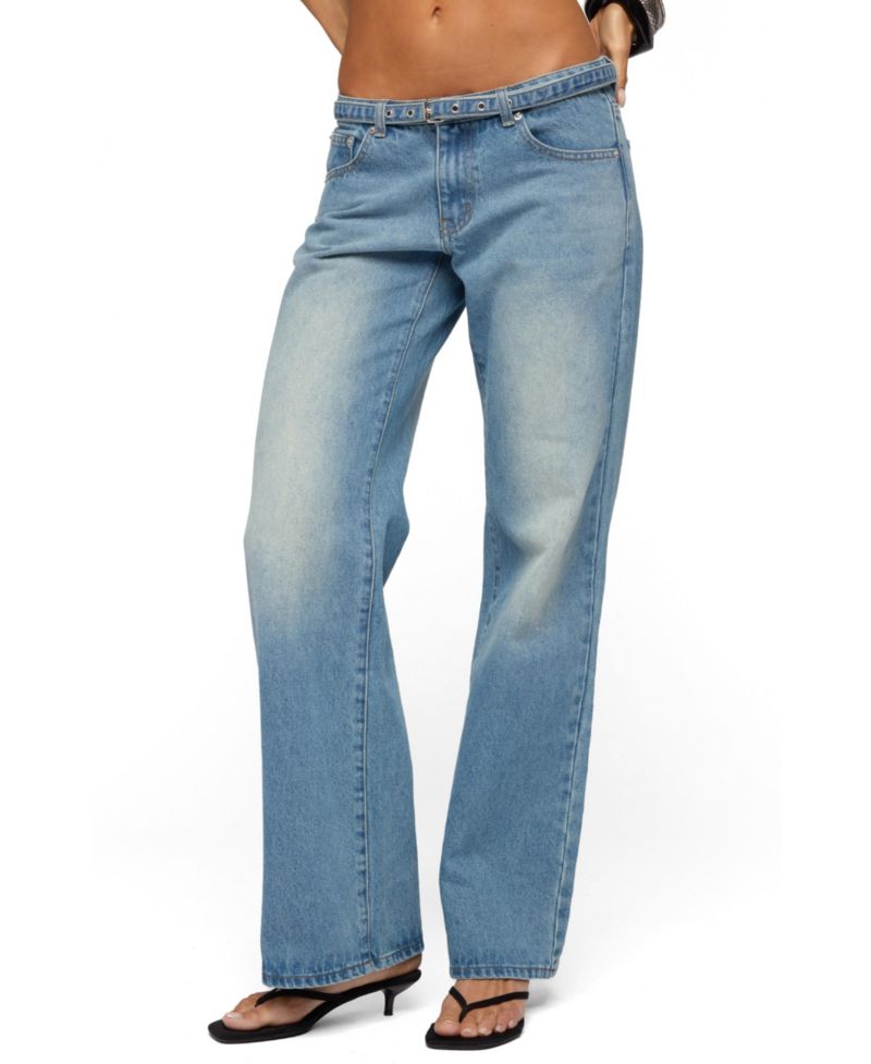 Women's Belted Low Rise Straight Leg Jeans
