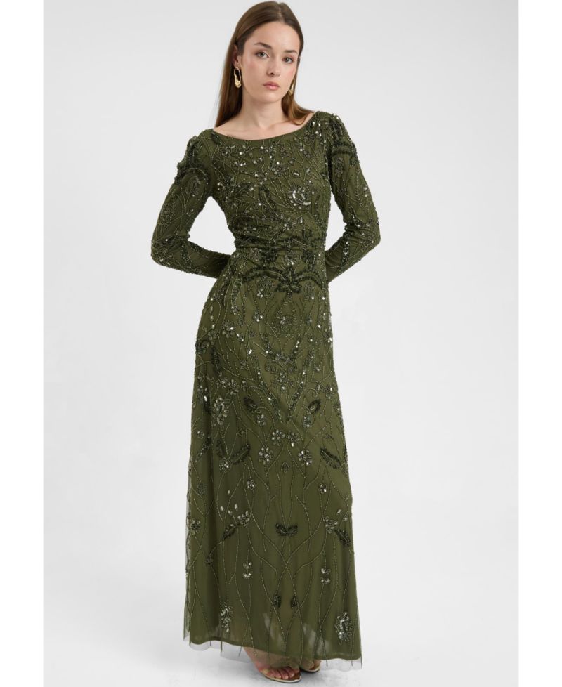 Women's Modest Embellished Sequin Beaded Dress Maxi With Wide Neck
