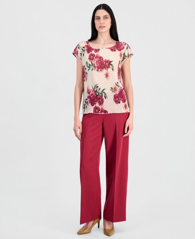 Women's Pleated Floral Boat-Neck Top