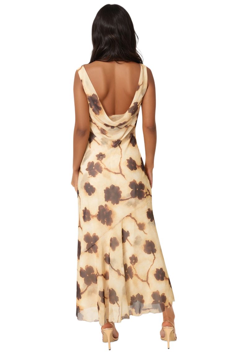 Womens Printed Chiffon Cowl Maxi Dress