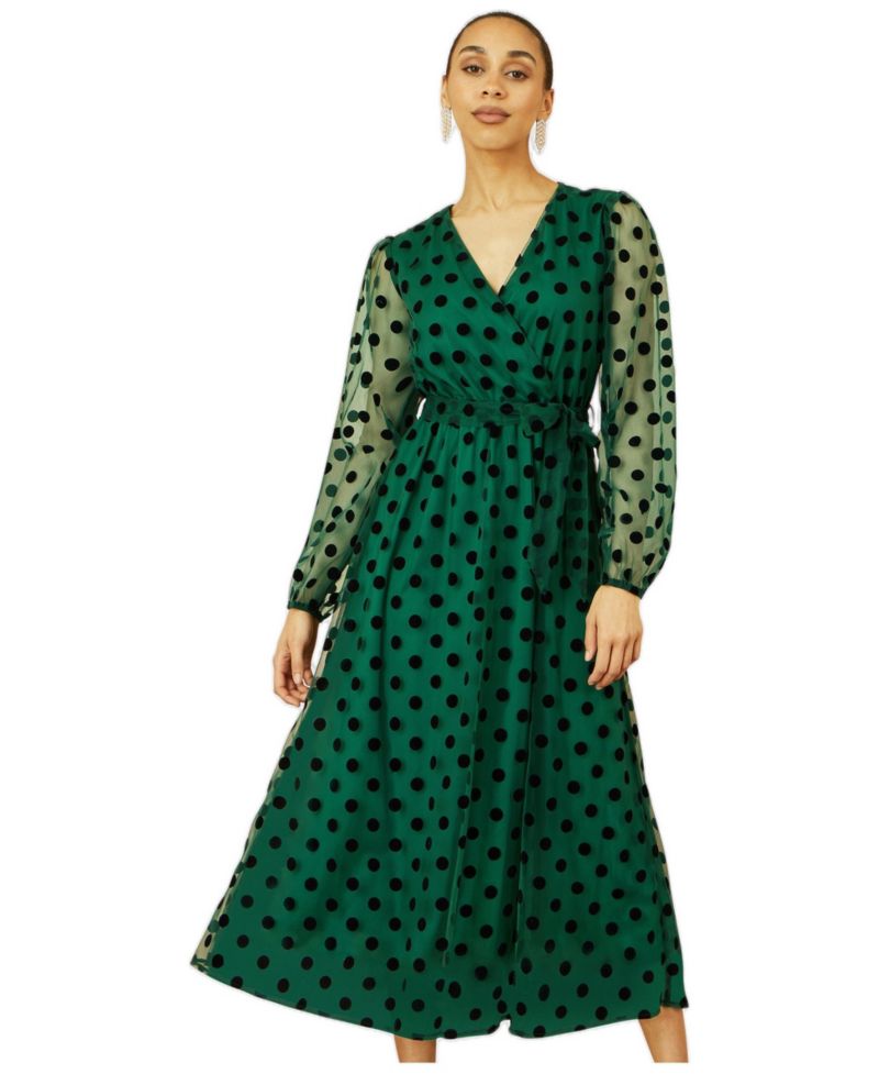 Women's Spot Mesh Wrap Midi Skater Dress