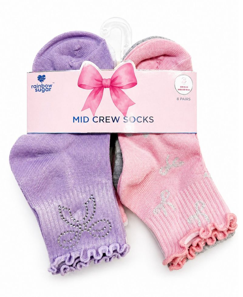 Girls' 4-8.5 Mid Crew Socks, 8-Pack