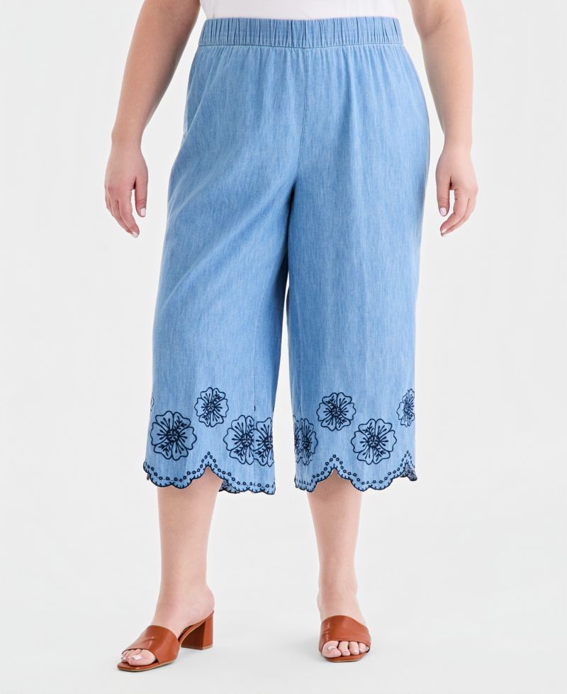 Plus Size Cotton Chambray Embroidered-Hem Capri Pants