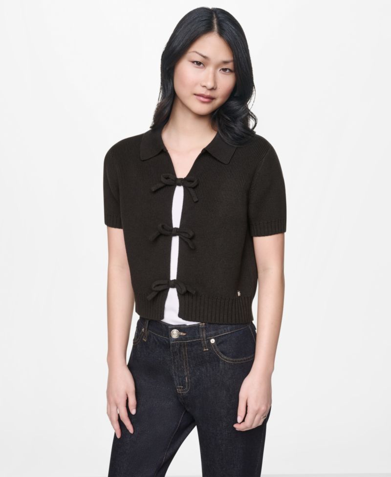 Women's Short-Sleeve Polo Collar Tie-Front Sweater