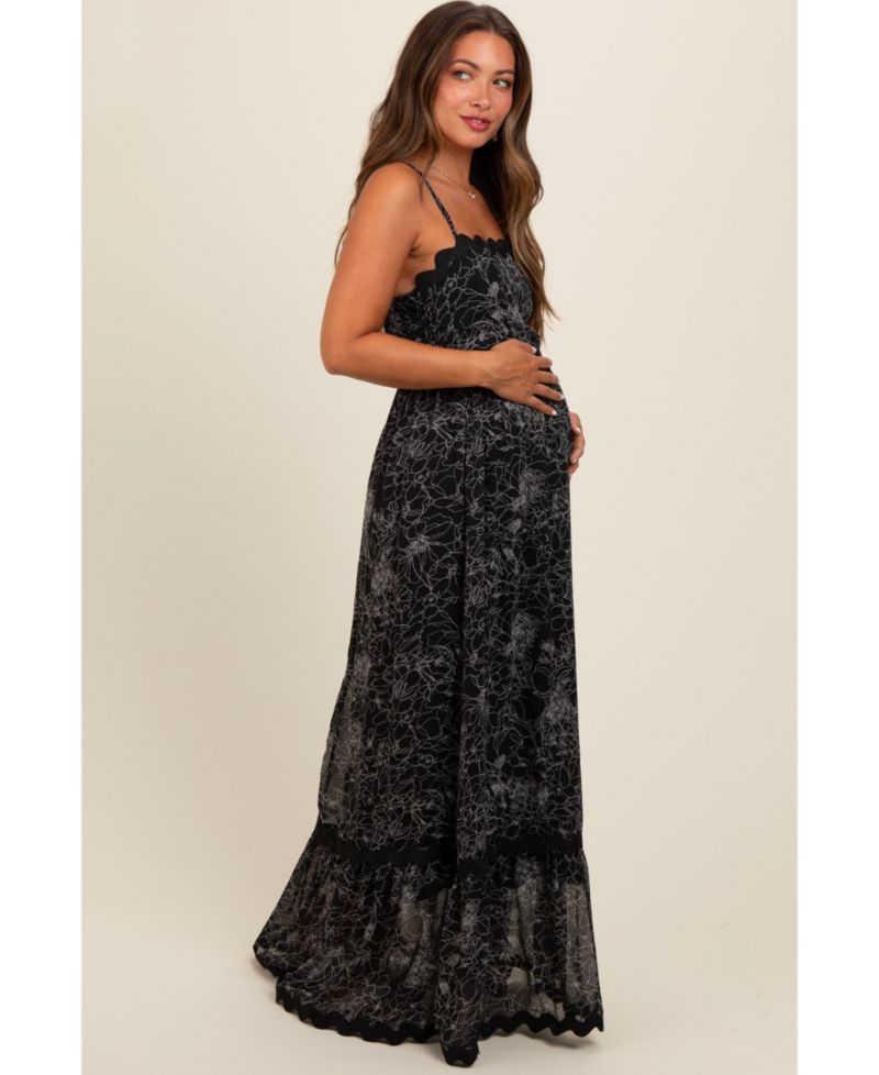 Women's Black Floral Contrast Trim Maxi Dress