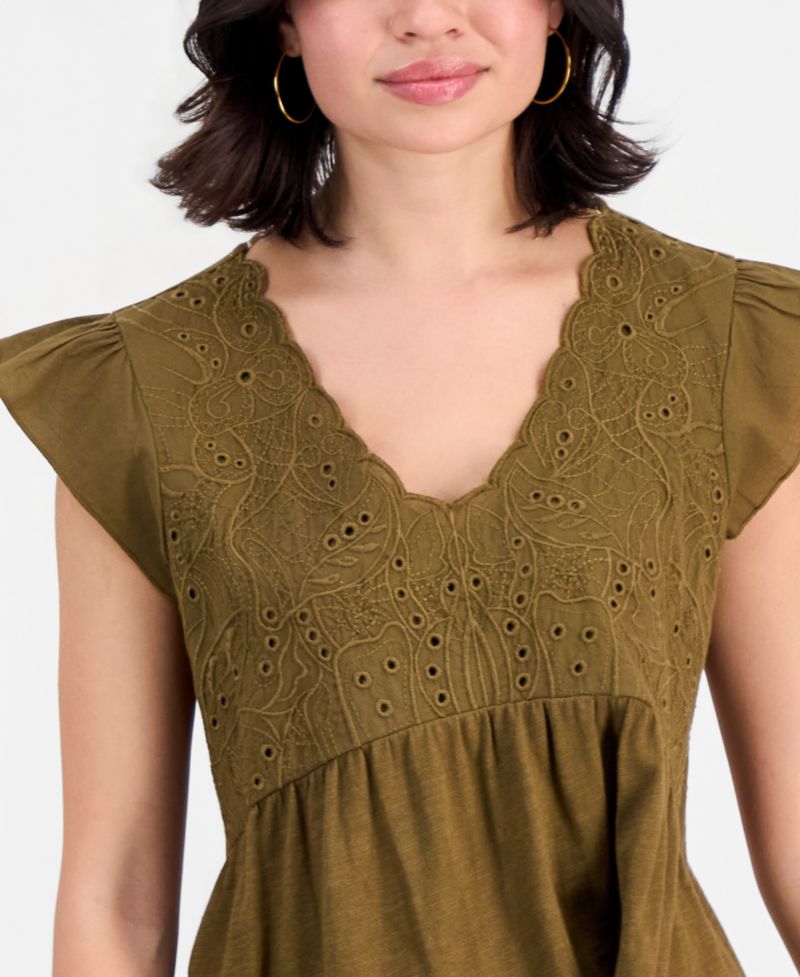Petite Embroidered Cotton Flutter-Sleeve Top