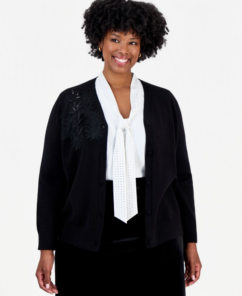 Plus Size Floral Applique With Sequin Embellishments V-Neck Cardigan