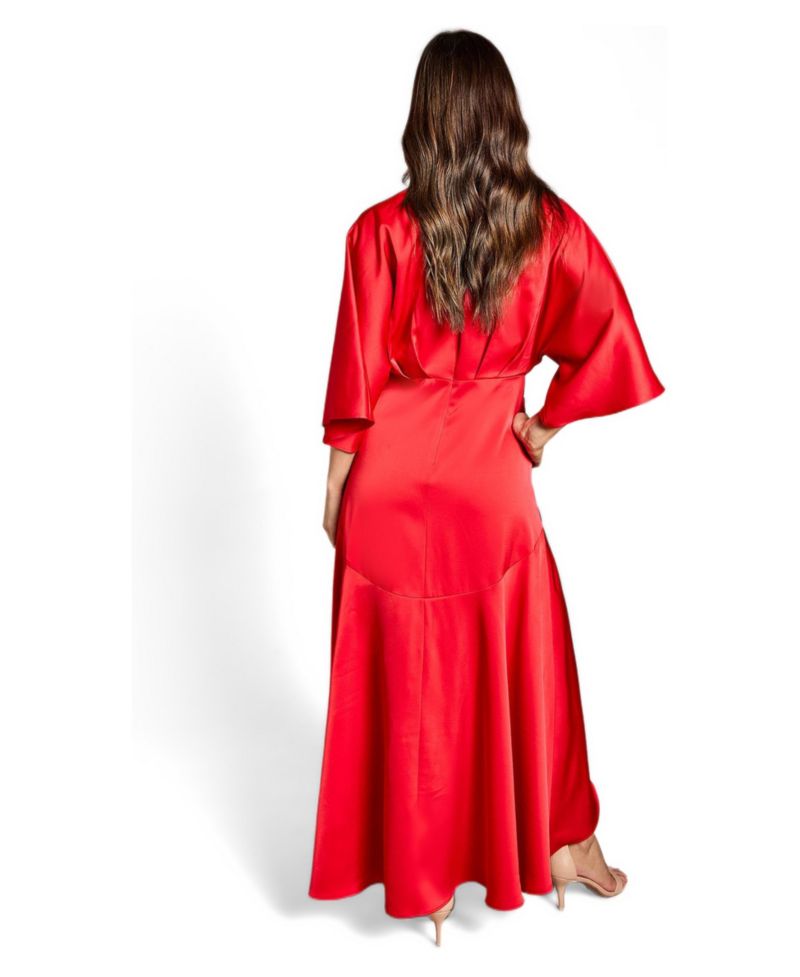 Women's Satin Back Crepe Ruffle Wrap Midi Dress