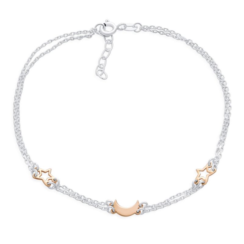 Moon and Stars Anklet Charm Bracelet Double Strand Rose Gold Sterling Silver
