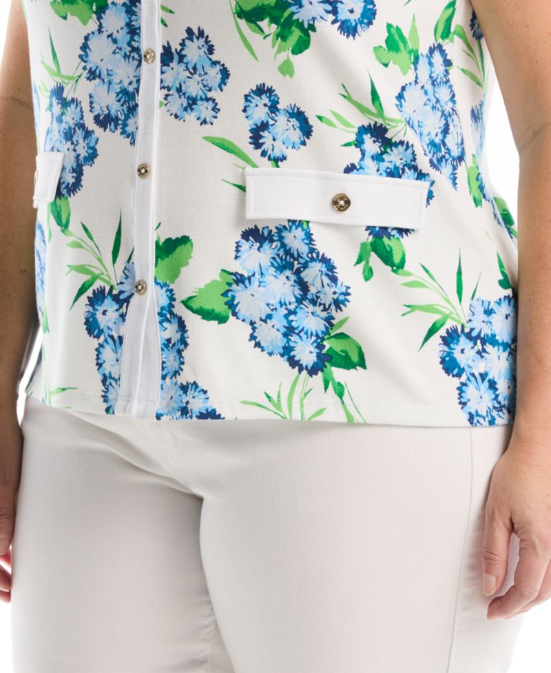 Plus Size Pom Floral Print Button-Front Sleeveless Tank Top