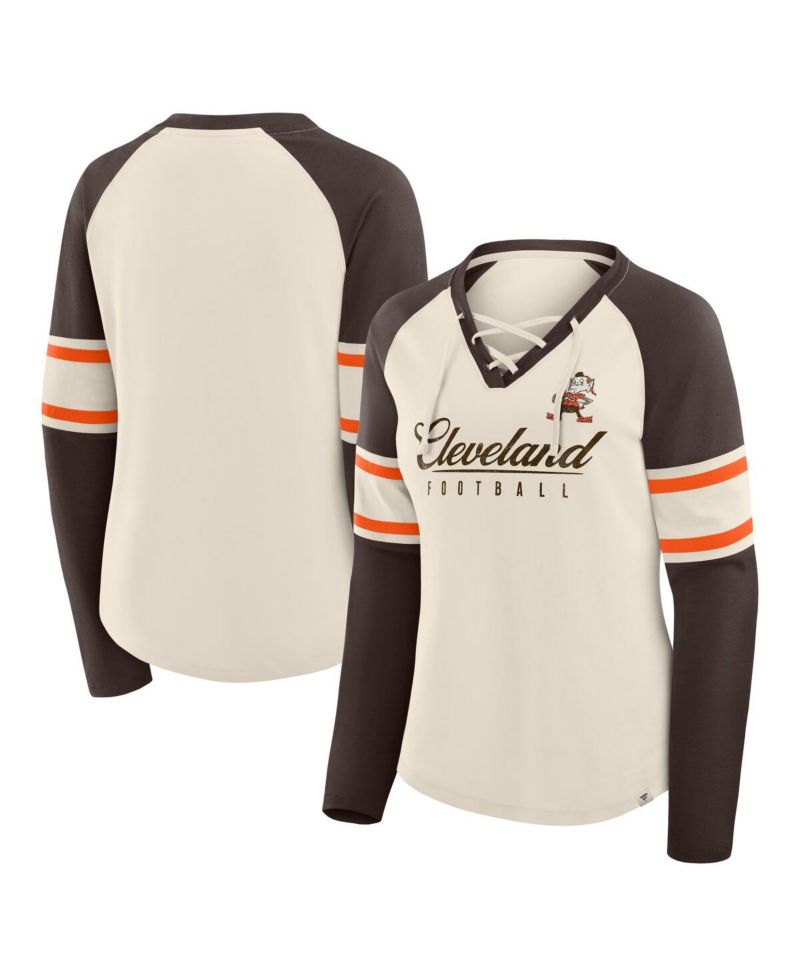 Women's Cream/Brown Cleveland Browns Hometown Gridiron Hero Raglan Lace-Up V-Neck Long Sleeve T-Shirt