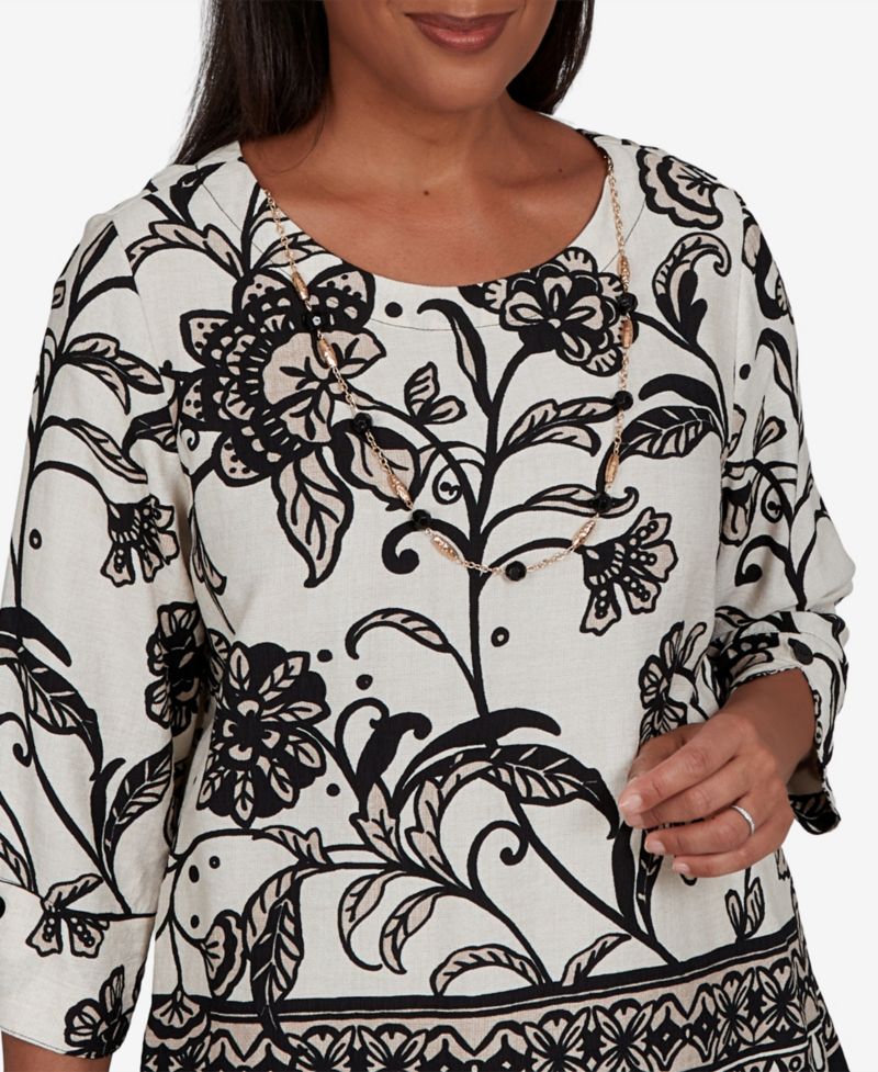 Petite Travel Advisory Scroll Border 3/4-Sleeve Floral Top