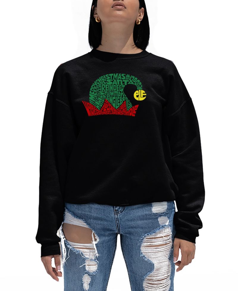 Women's Christmas Elf Hat Word Art Crewneck Sweatshirt