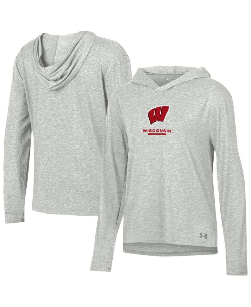 Women's Heather Gray Wisconsin Badgers Tri-Blend Breezy Long Sleeve Hoodie T-Shirt
