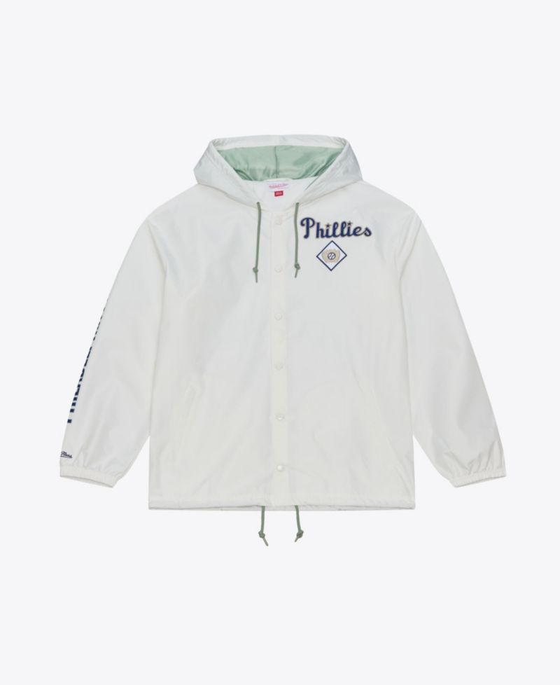 Men's Mitchell Ness White Philadelphia Phillies Yacht Rock Coaches Full-snap Hooded Windbreaker Jacket