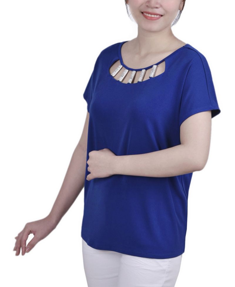 Petite Short Sleeve Knit Top with Hardware