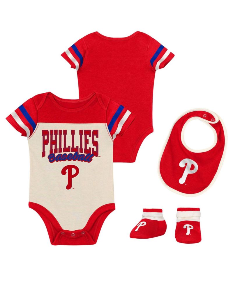Baby Boys and Girls Red Philadelphia Phillies Up One Three-Piece Bodysuit, Bib Booties Set
