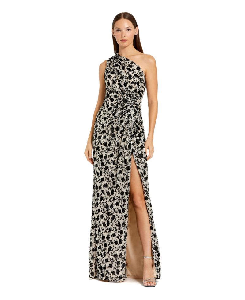 Women's One Shoulder Sequin with Floral Velvet Detail Gown