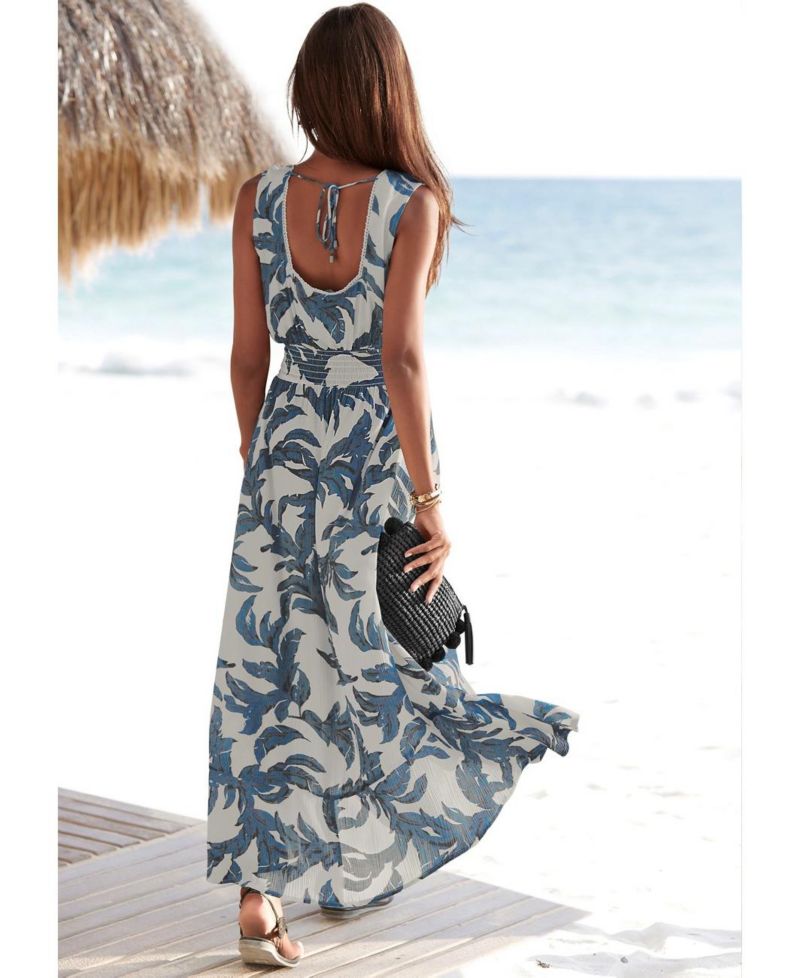 Women's Viscose Printed Crochet V-Neck Smocked-Waist Maxi Dress