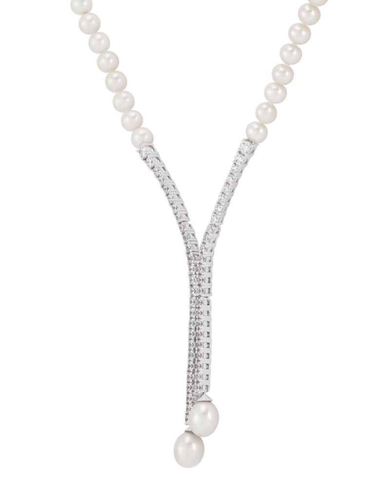 Cultured Freshwater Pearl (5mm & 10 x 8mm) & Cubic Zirconia Lariat Necklace in Sterling Silver