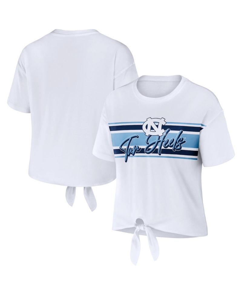 Women's White North Carolina Tar Heels Striped Front Knot Cropped T-shirt
