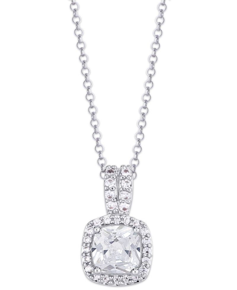 Birthstone Cushion Halo Pendant Necklace in Silver Plate
