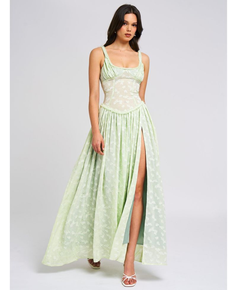 Women's Ulissa Light Green Square Neck Jacquard Textured High Slit Maxi Dress