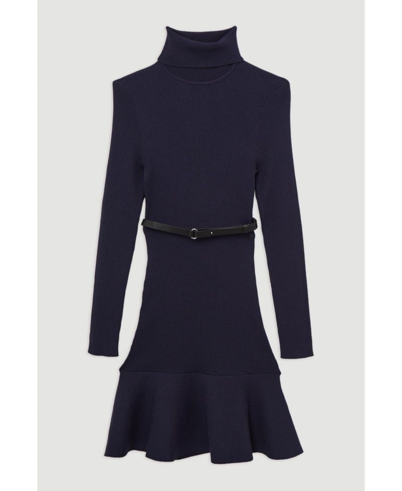 Women's Roll Neck Belted Flippy Hem Mini Dress